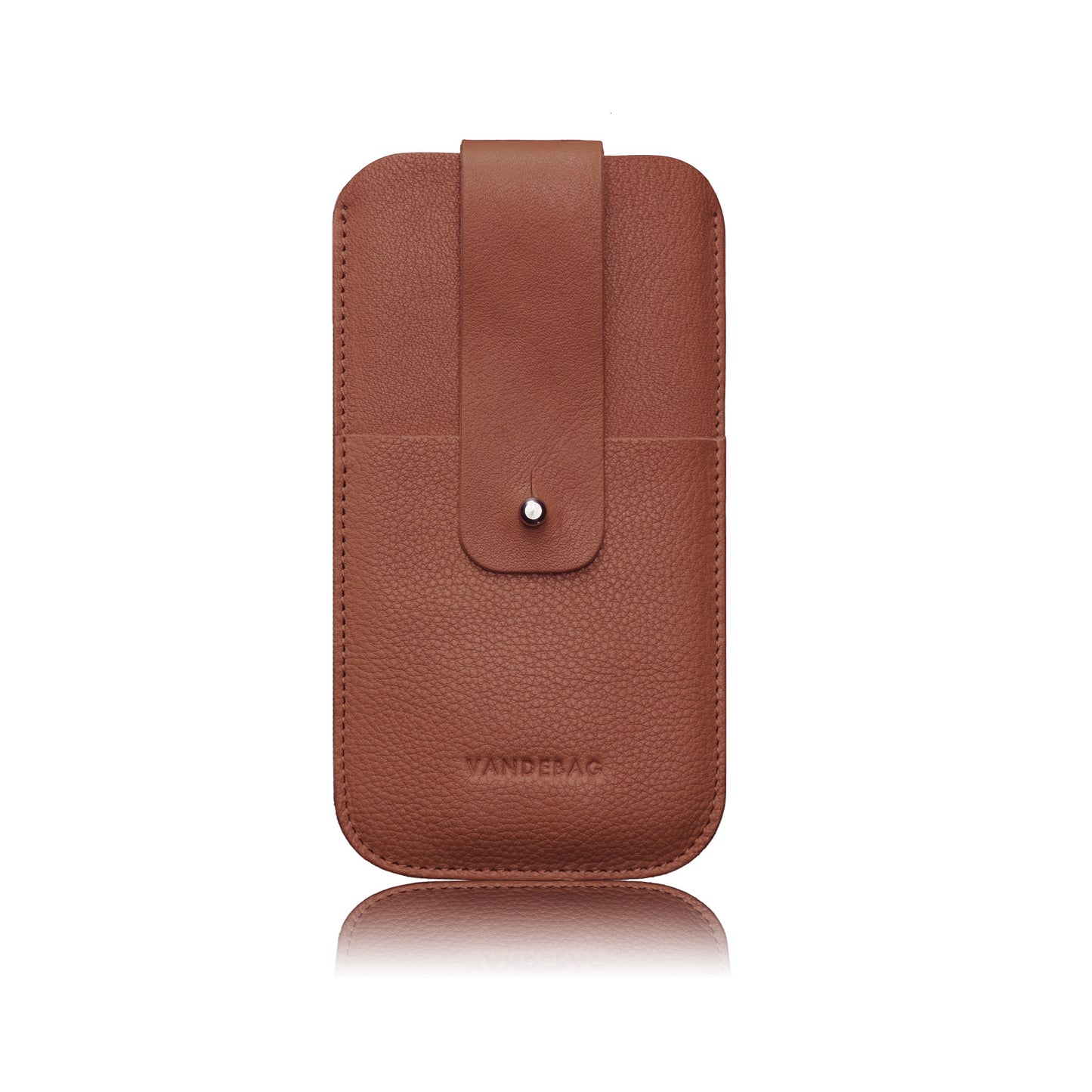 braune iPhonehülle aus Leder mit Zuglasche und Verschlussknopf