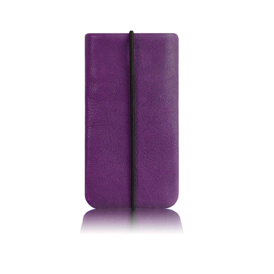 iPhone-Hülle aus lila Leder mit schwarzem Verschlussgummi