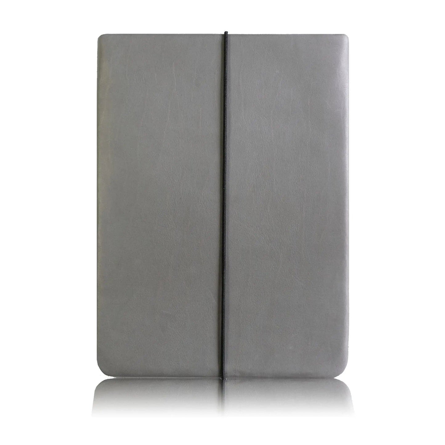 graue Lederhülle für Laptops mit schwarzer Verschlusskordel von Vandebag