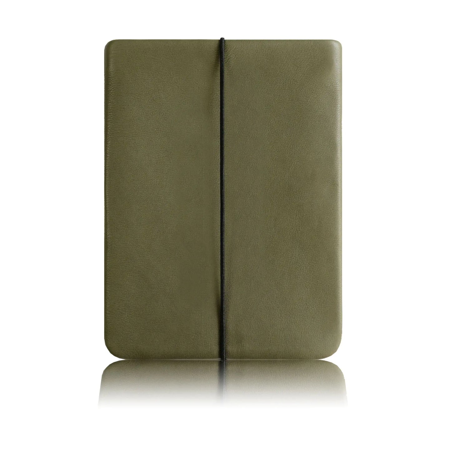 khakigrüne iPad Hülle aus echtem Rindsleder mit einer schwarzen Verschlusskordel
