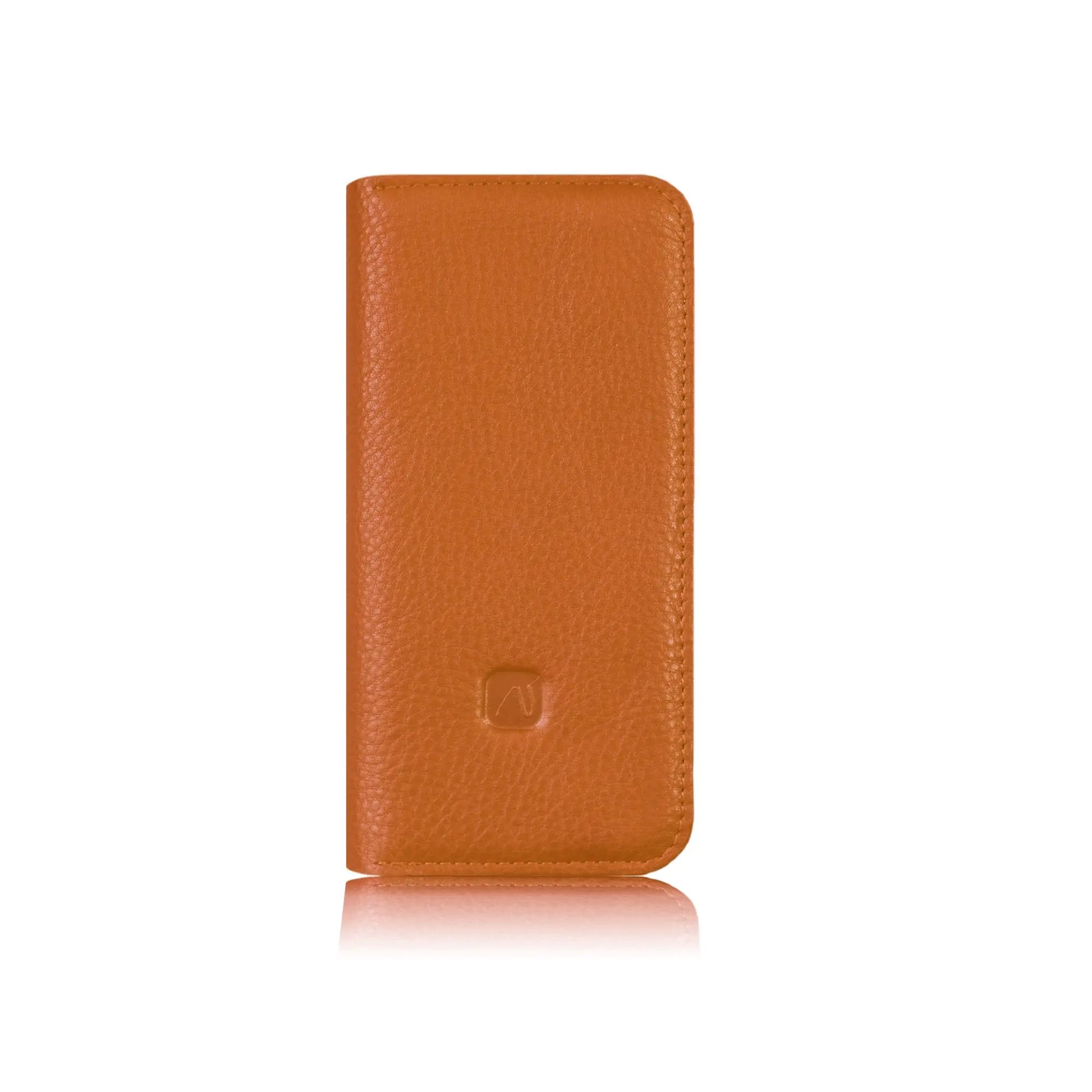 orangefarbenes Cover für Handys aus Rindsleder mit Vandebag Logoprägung